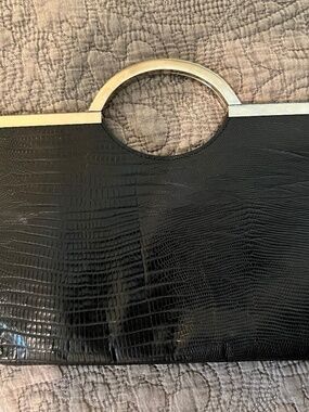 Armani Exchange Lizard Embossed Leather Black Evening Bag w/ Silver Handles